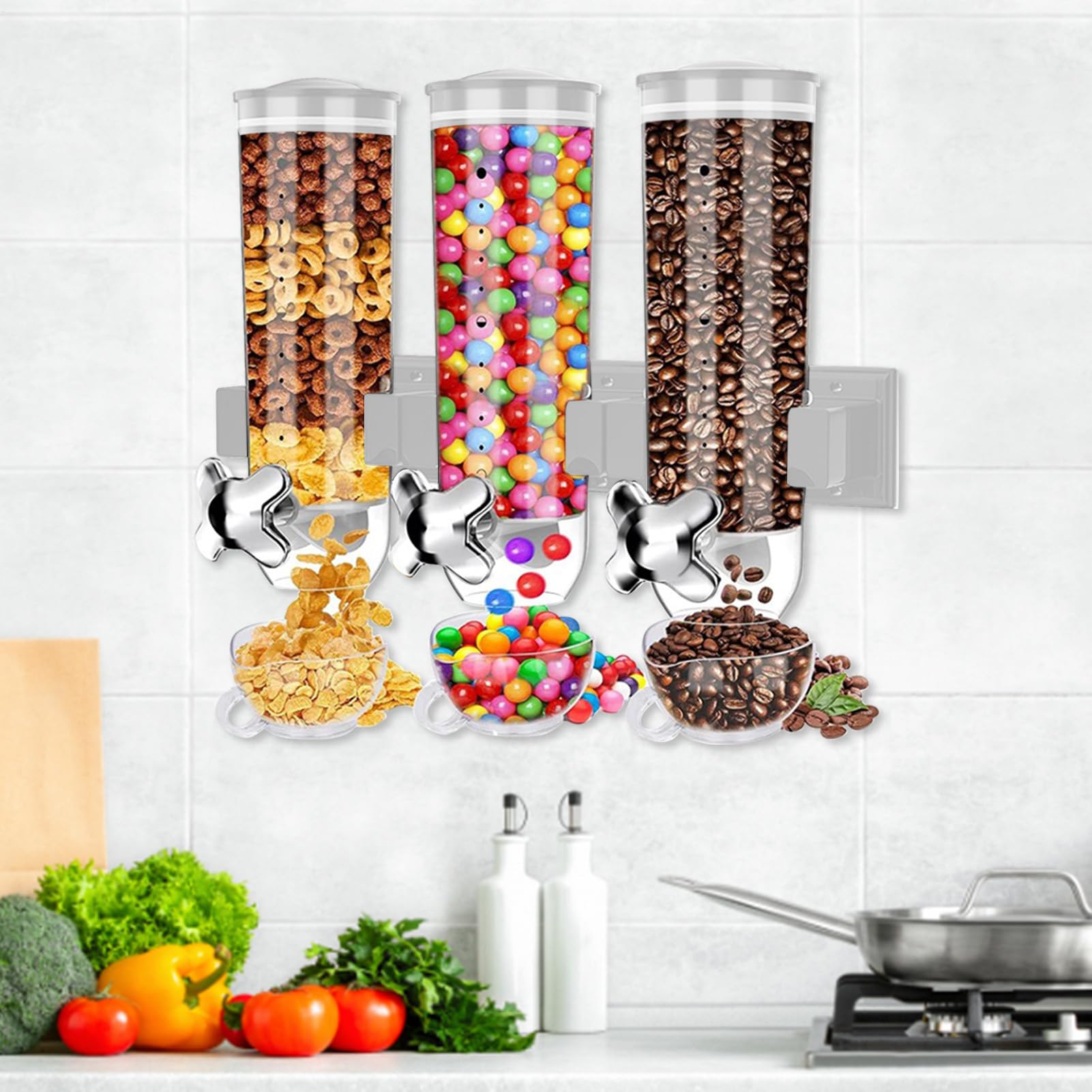 Dispenser per alimenti da parete – Simpatico dispenser per cereali 3 tazze | compatto, contenitore ermetico trasparente, serbatoio da cucina a tre scomparti | Conserva cereali farina d'avena chicchi di