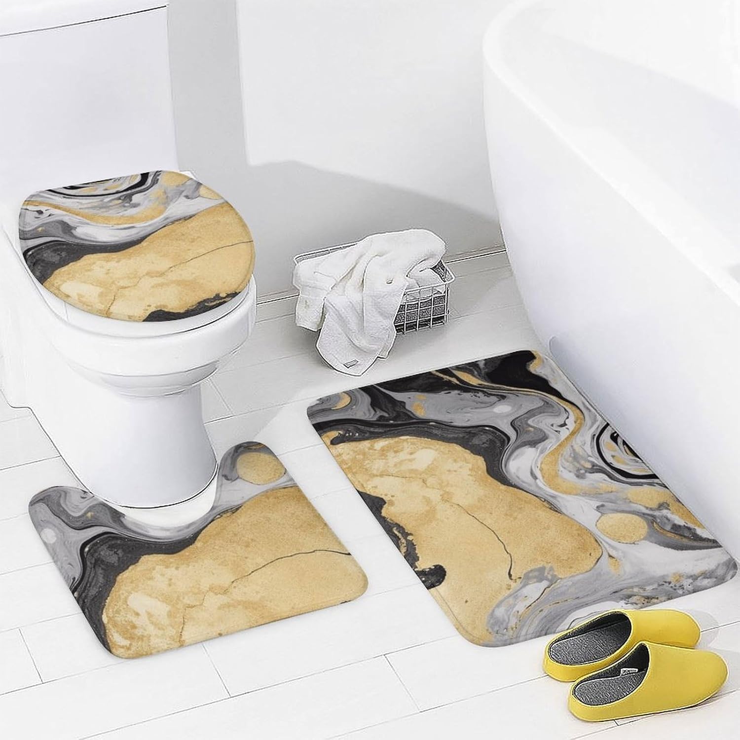 Black Golden Marble Ink Shower Curtain Set 4 Piece, Non-Slip Bath Mat with Toilet Lid Cover and Waterproof Shower Curtain with 12 Hooks, Complete Bathroom Set for Home Decor