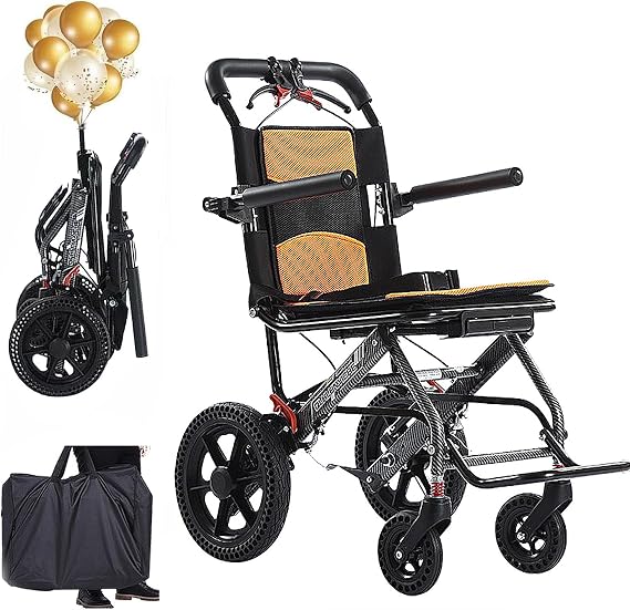 Lightweight Transport Wheelchair for Adults, Compact Design, Ultralight Folding Travel Chair with Telescopic Handle, Ideal for Seniors, Only 18lbs,Yellow,Black Frame