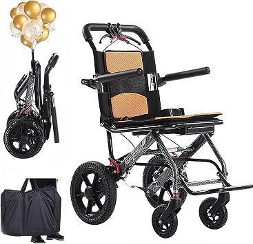 Ultra Lightweight Folding Transport Wheelchair for Adults, with Telescopic Handle and Carry Bag, Compact Portable Chair for Seniors, Easy Travel Wheelchair,Yellow,Black Frame
