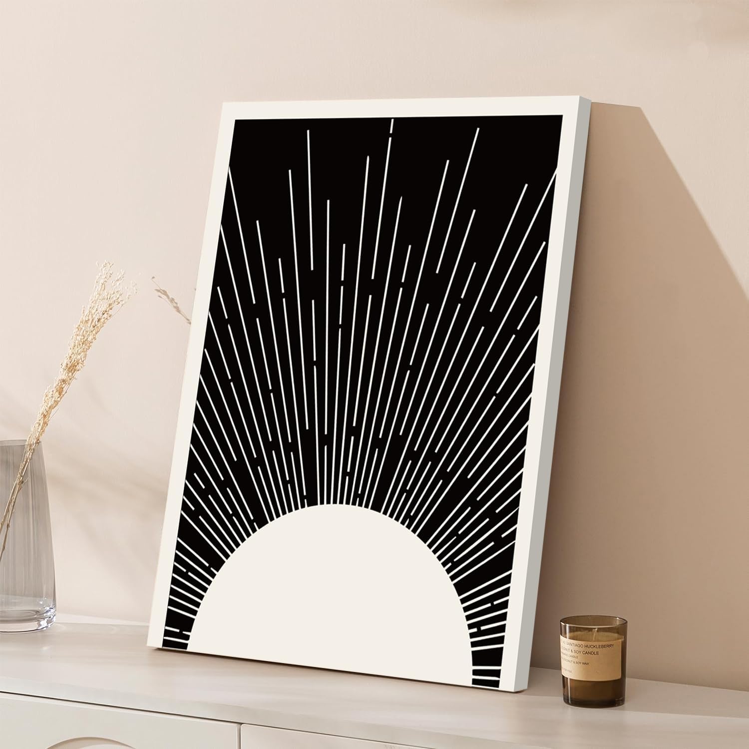 Hwetui Framed Boho Sun Wall Art Set of 2 Black and White Minimalist Sunrise Canvas Prints Abstract Sunshine Painting Geometric Line Pictures Home Decor for Living Room Bedroom Bathroom 16x24in