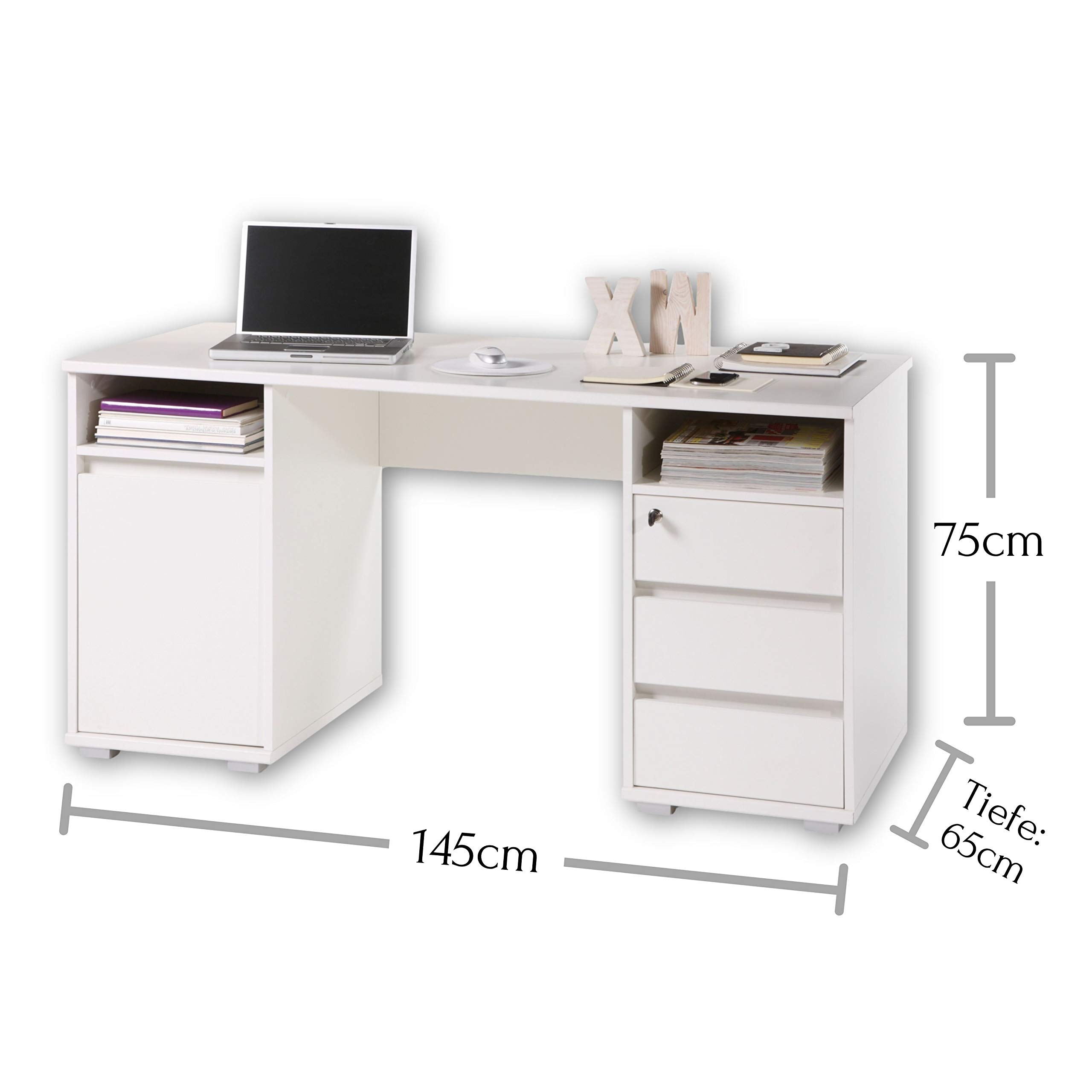 Stella Trading PRIMUS 2 Schreibtisch mit Schubladen, Weiß - Bürotisch Computertisch fürs Homeoffice mit Stauraum und offenen Ablagefächern - 145 x 74 x 65 cm (B/H/T) | Bürotisch Computertisch fürs Homeoffice, 3 Schubladen, eine abschließbar, Fach mit Tür,