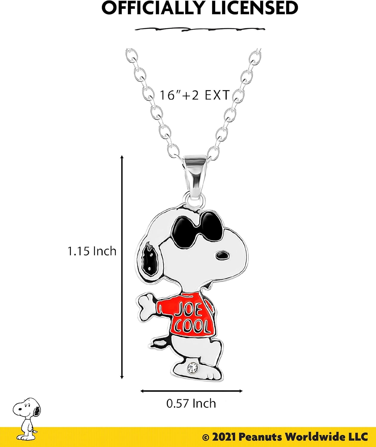 SALLY ROSE Snoopy Necklace for Women Official License, 16+2 Silver Flash-Plated Necklace with Joe Cool Snoopy Charm and Crystal Accent