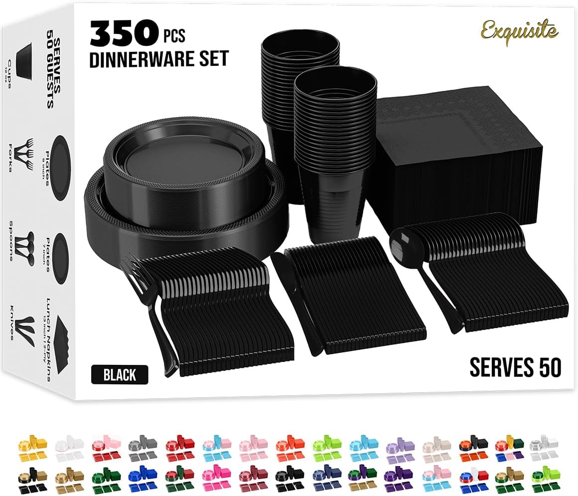 350 Pcs Black Plastic Plates For Party, Black Disposable Plates Set, 50 Of Each 9" Dinner Plate Set, 7" Dessert Plate, Cups, Napkins & Cutlery Plastic Dinnerware Set Exquisite