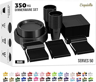 350 Pcs Black Plastic Plates For Party, Black Disposable Plates Set, 50 Of Each 9" Dinner Plate Set, 7" Dessert Plate, Cups, Napkins & Cutlery Plastic Dinnerware Exquisite