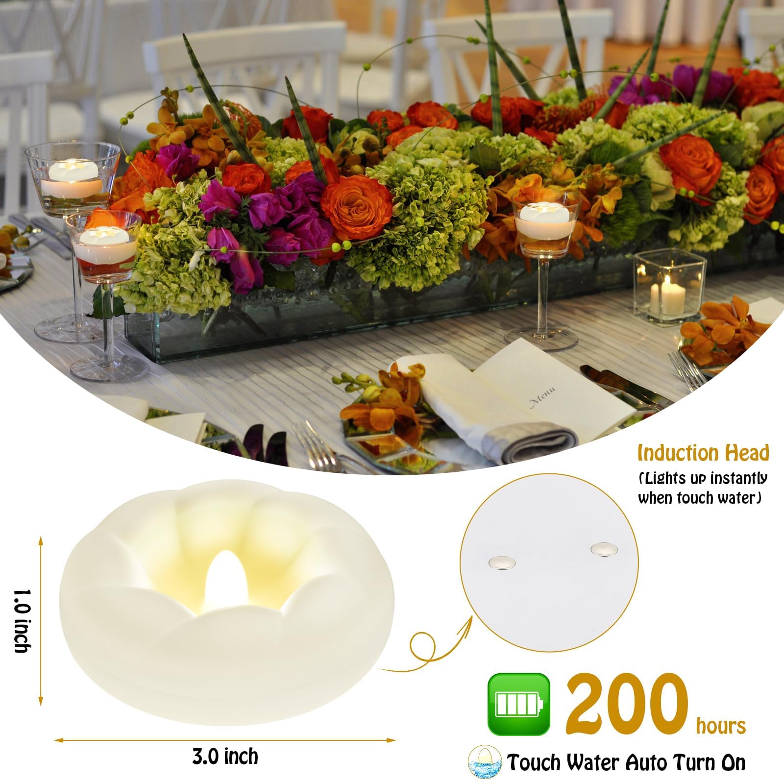 12Pack Flameless Led Floating Candles, 3” Plastic Battery Operated Flickering Waterproof Tealights for Cylinder Vases, Centerpieces at Wedding, Party, Pool, Holiday (Warm White)