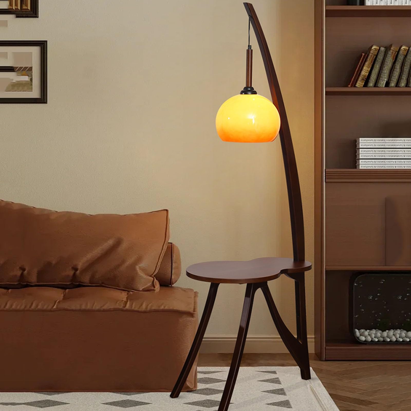 Moderna Lampada da terra moderna con tavolino, lampada da tavolino in legno massello, lampada da lettura su scaffale alto rustico for camera da letto, soggiorno, ufficio Lampada alta