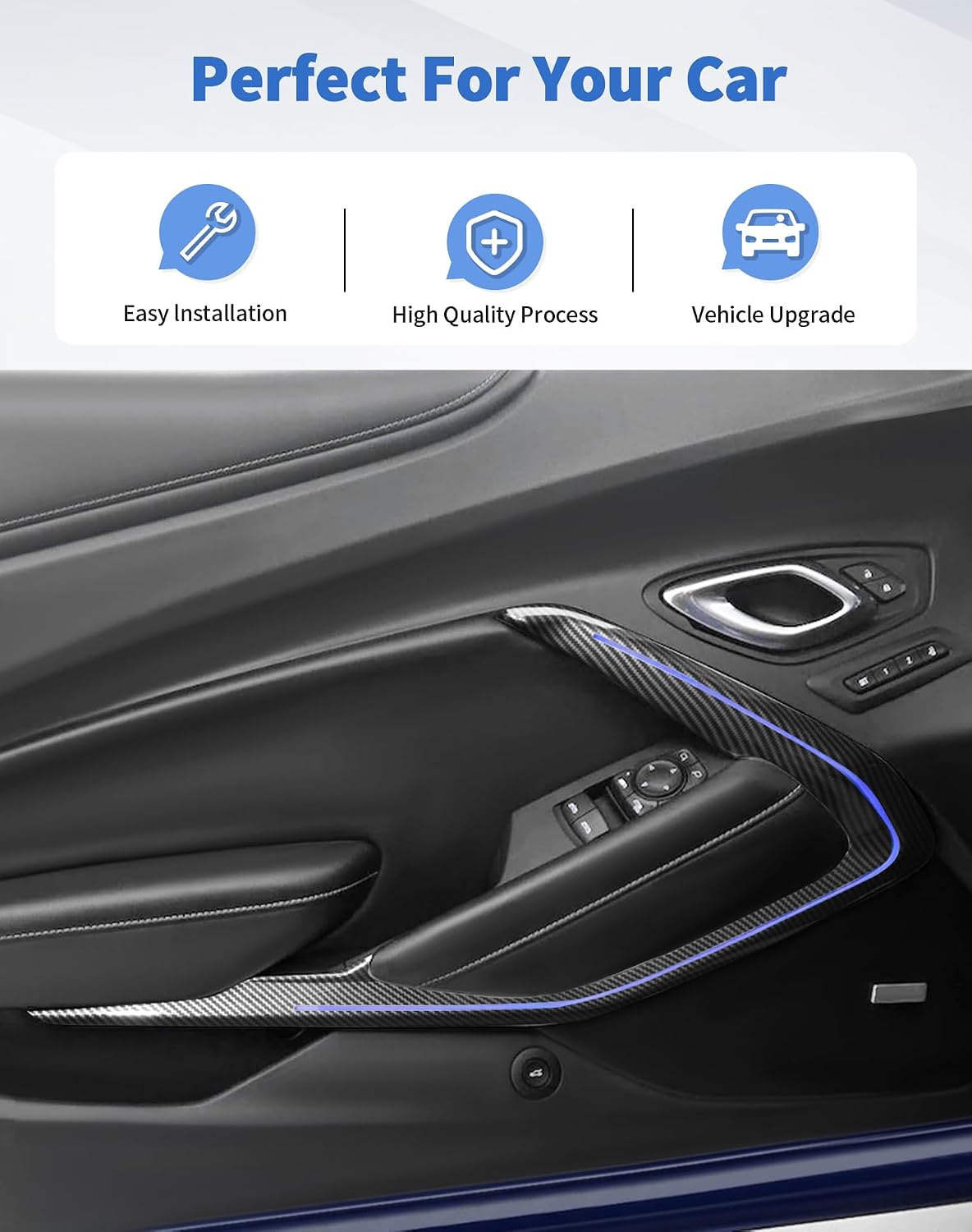 for Camaro Inner V Door Panel Trim, Inner Door Handle Panel Trim Covers Decoration Interior Accessories for Chevrolet Camaro 2016-2025, Carbon Fiber (Fits LED Light Strips)