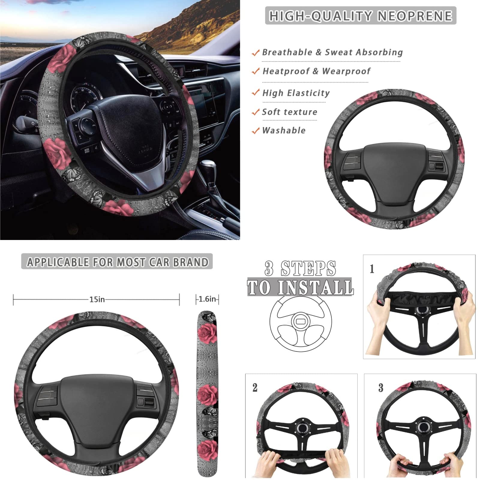 Xoenoiee Juego completo de fundas universales para asiento de auto, incluye soporte para gafas de sol, soporte para gafas de sol, funda para volante, almohadillas para cinturón de seguridad, llaveros