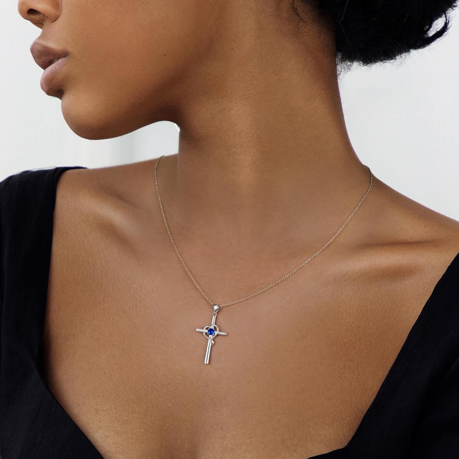 NORBU 925 Sterling Silver Cross Necklace for Women, Heart Womens Cross Necklace With 5A CZ Birthstone Cross Pendnat, Christian Jewelry Religious Gift for Her Women Wife - Image 3