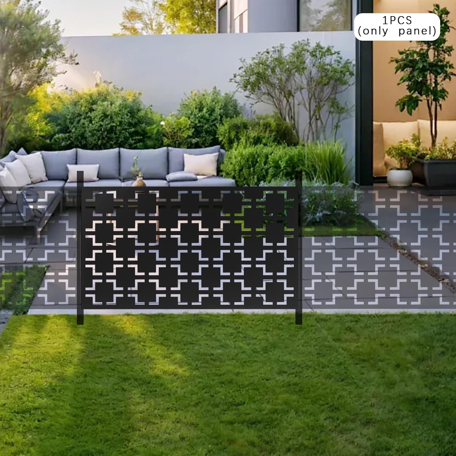 46inch Black Metal Privacy Screen Panel - Decorative Freestanding Outdoor Indoor Privacy Fence with Baking Paint Square Pattern, Weather-Resistant for Patio Garden Balcony Backyard