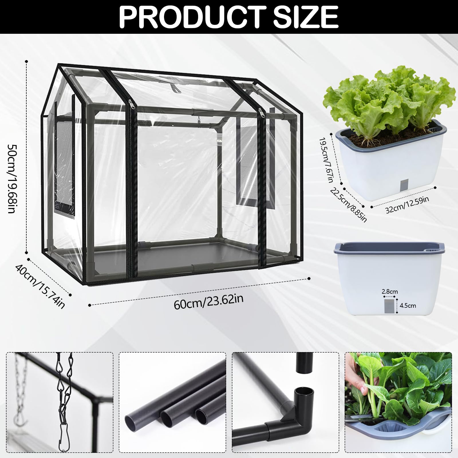 Kit di Piantagione, Serra da Balcone con 2 Vasi per Piante Copertura PVC 60 x 40 x 50 cm con Porta Avvolgibile a Cerniera Serra da Giardino Resistente Alle Intemperie Trasparente per Giardino Balcone