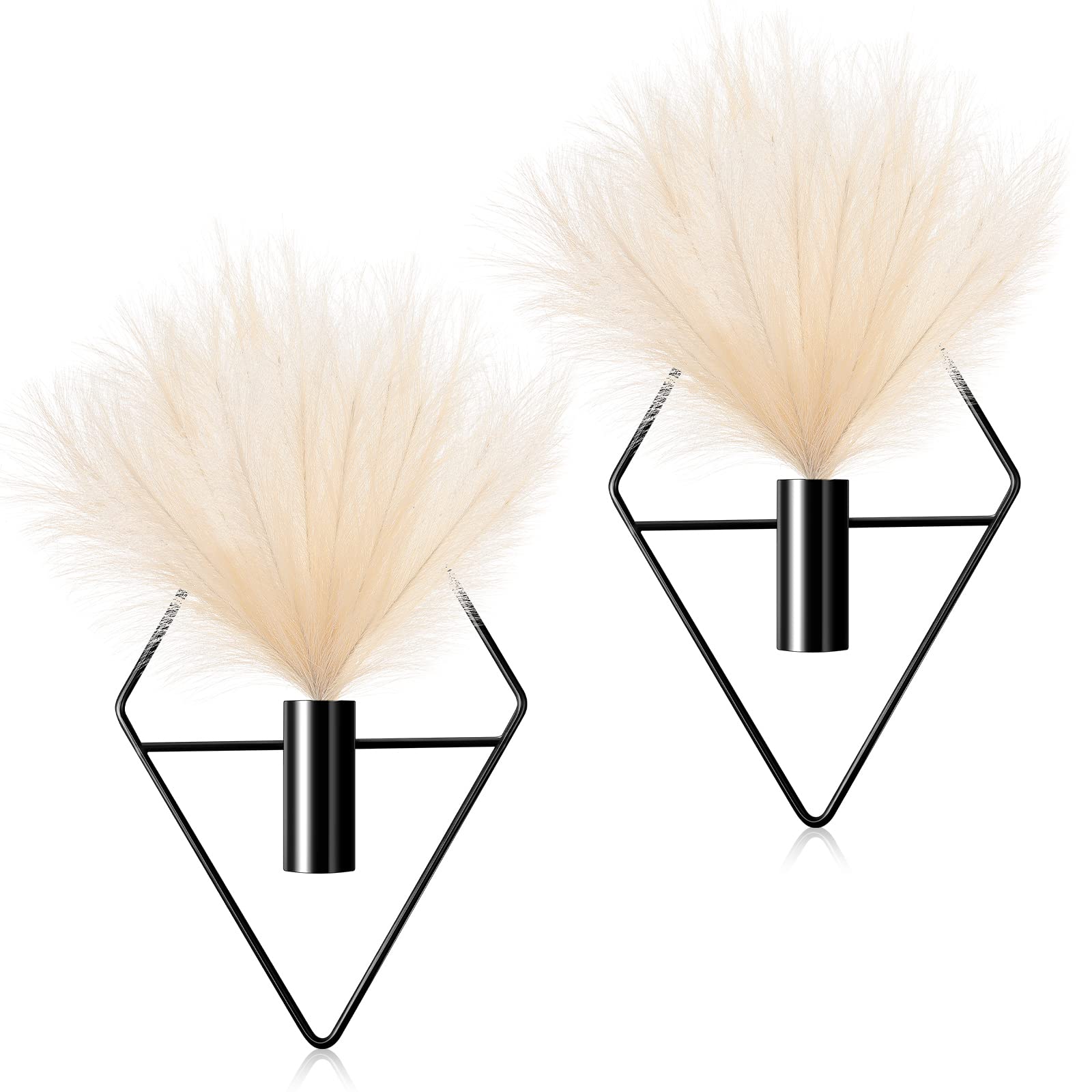 Jexine 2 Pcs Boho Wall Decor Gold Wall Art Hanging Planters with Artificial Pampas Mounted Metal Decor Modern Home Display Art Bedroom Bathroom Living Room(Black)