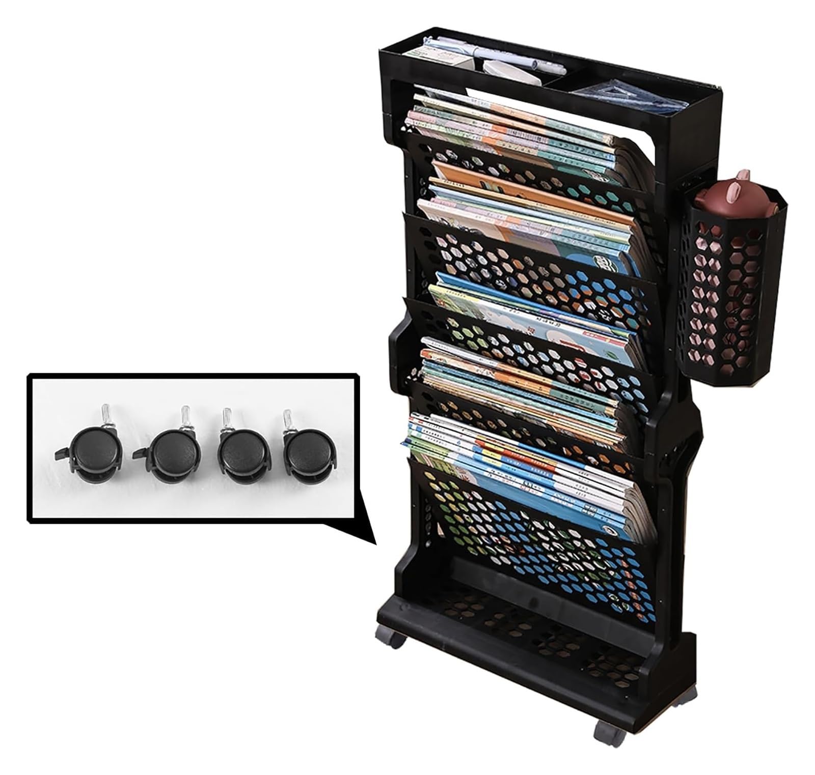 Book Cart Mobile Bookshelf, Mobile Bookcase with Wheels, Mobile Bookcase with Wheels, Movable Classroom, Desk Bookshelf, Removable Table, Side Storage Basket, 5