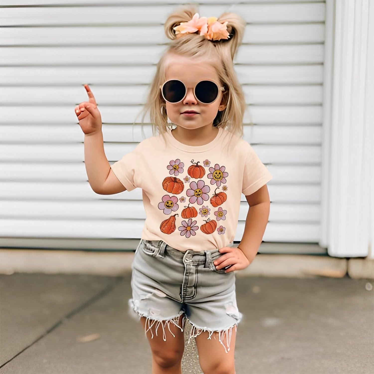 Ritatte Toddler Baby Girl Halloween Shirt Cute Pumpkin Flower Graphic T-Shirt Retro Fall Spooky Season Short Sleeve Tee Tops