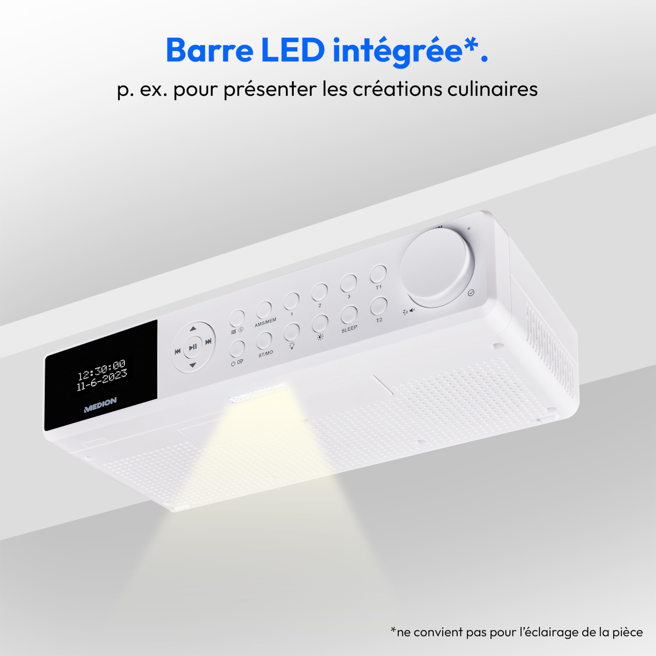 MEDION E6660 Radio de Cuisine (Dab+ Radio de Cuisine, PLL Radio FM, Bluetooth, LED Barre de lumière, sous Le comptoir, Cuisson minuterie, Affichage de l'heure) Blanc ;