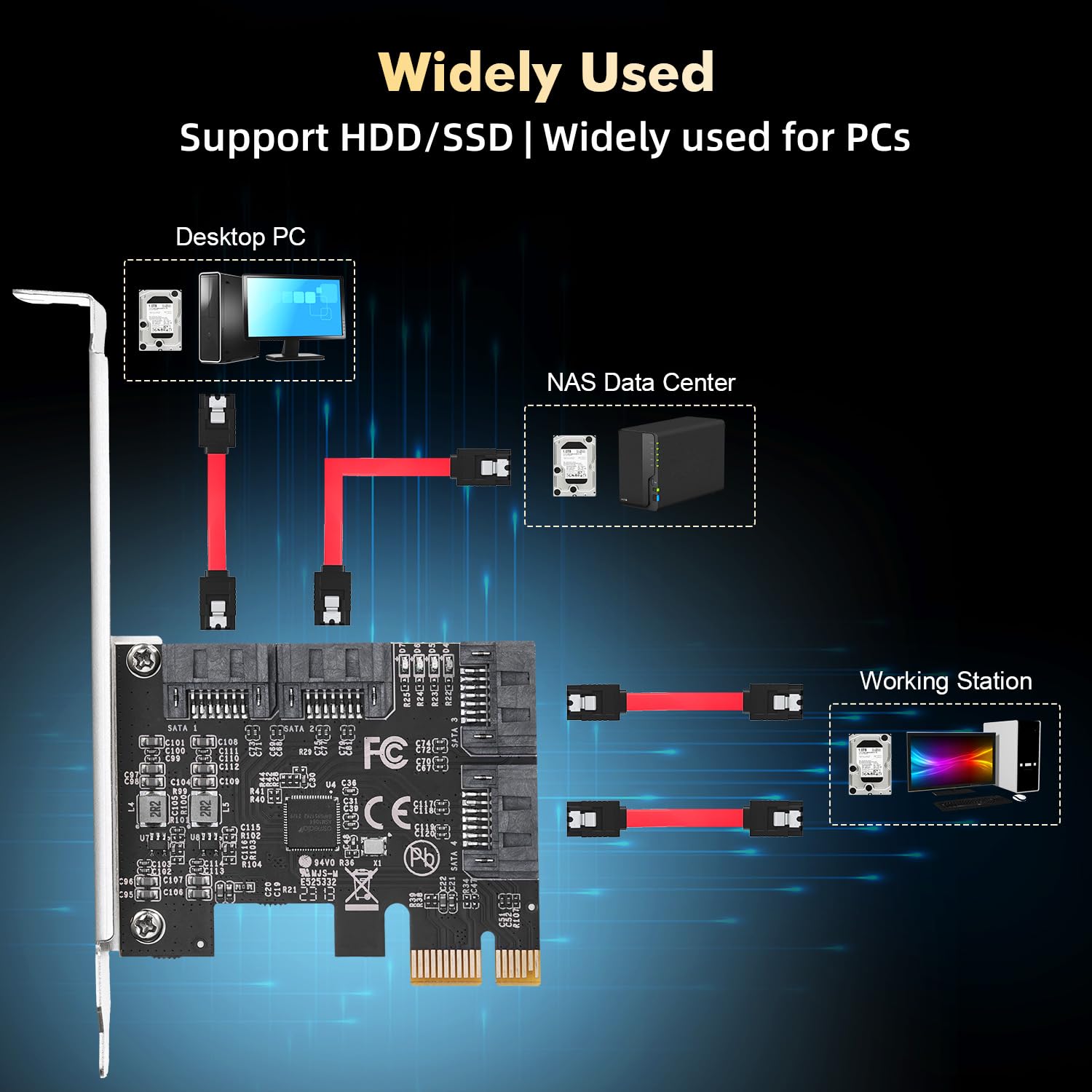 Binardat Tarjeta PCIE X1 a SATA de 4 Puertos, Controlador de 6 Gbps, 4 Cables y Soporte de Perfil Bajo, para Windows 10/11