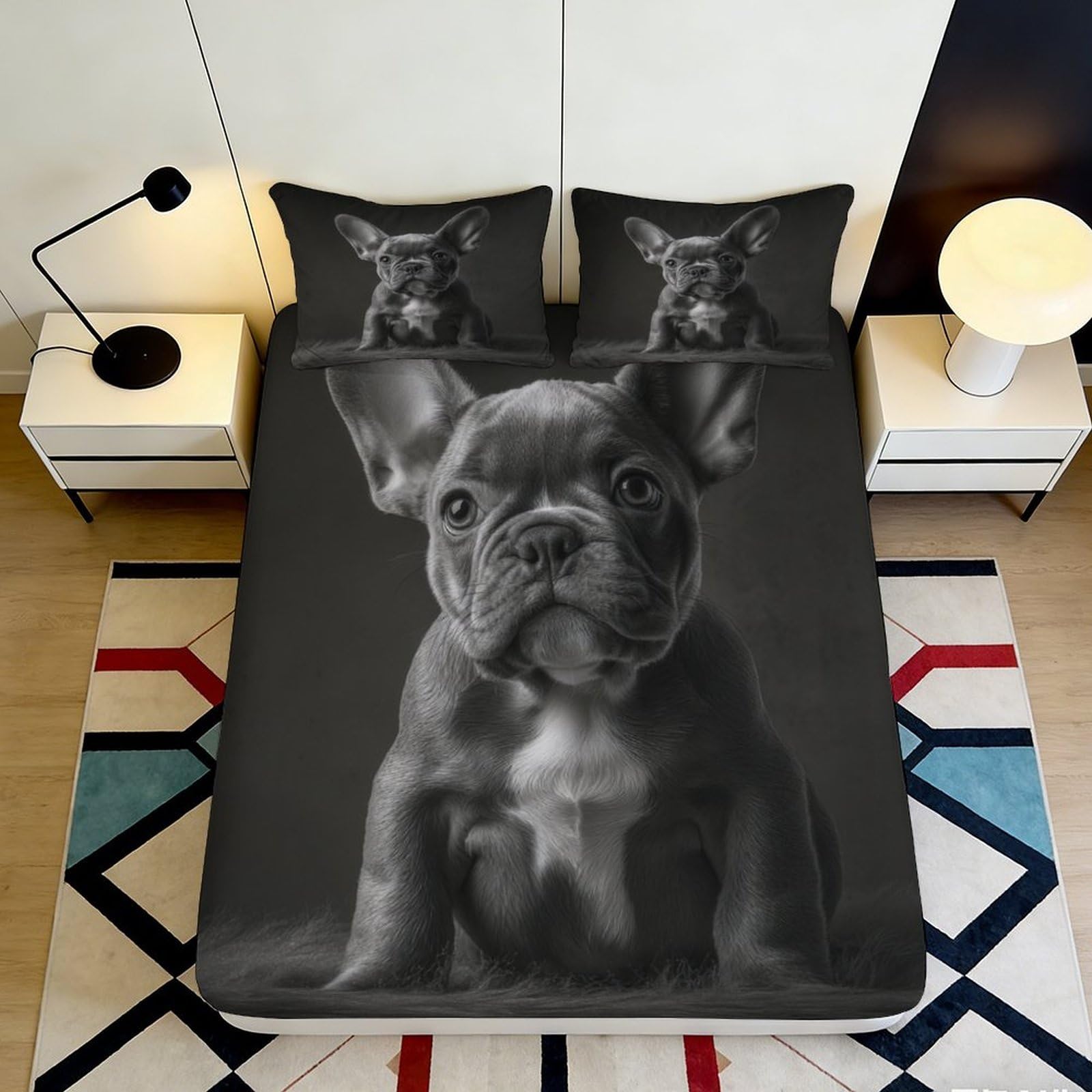 3D Printed Black French Bulldog Fitted Sheet Microfiber Soft Breathable Puppy Bed Sheet Mattress Cover for Bedroom Dormitory Guest Room Mattress Protection 180x200x25cm