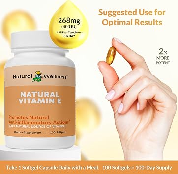 Natural Wellness Vitamin E 400 IU Mixed Tocopherols Softgels for Antioxidant Support, Heart & Immune Health Non-GMO Vitamin E Capsules for Skin & Wellness 100 Count