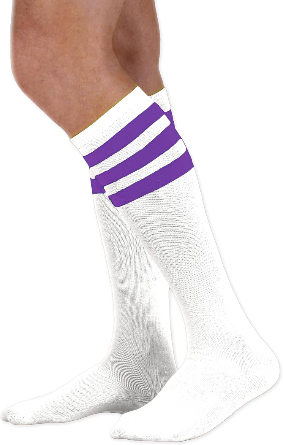 NEON NATION Unisex White Knee High Team Tube Socks with Various Colored Stripes