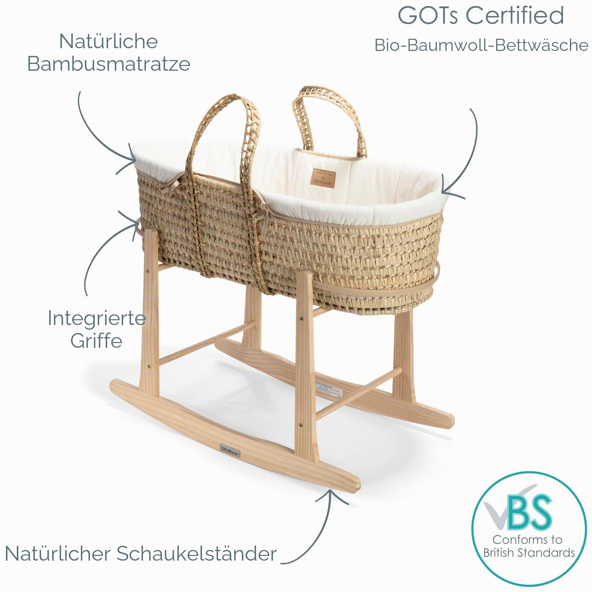 Clair de Lune Bio-Palmen-Babykorb und natürlicher Schaukelständer, preisgekrönter Baby-Stubenwagen, Palmenkorb, Bio-Verband, Bambusmatratze, Babydecke, Neugeborenen-Essentials (Naturcreme)