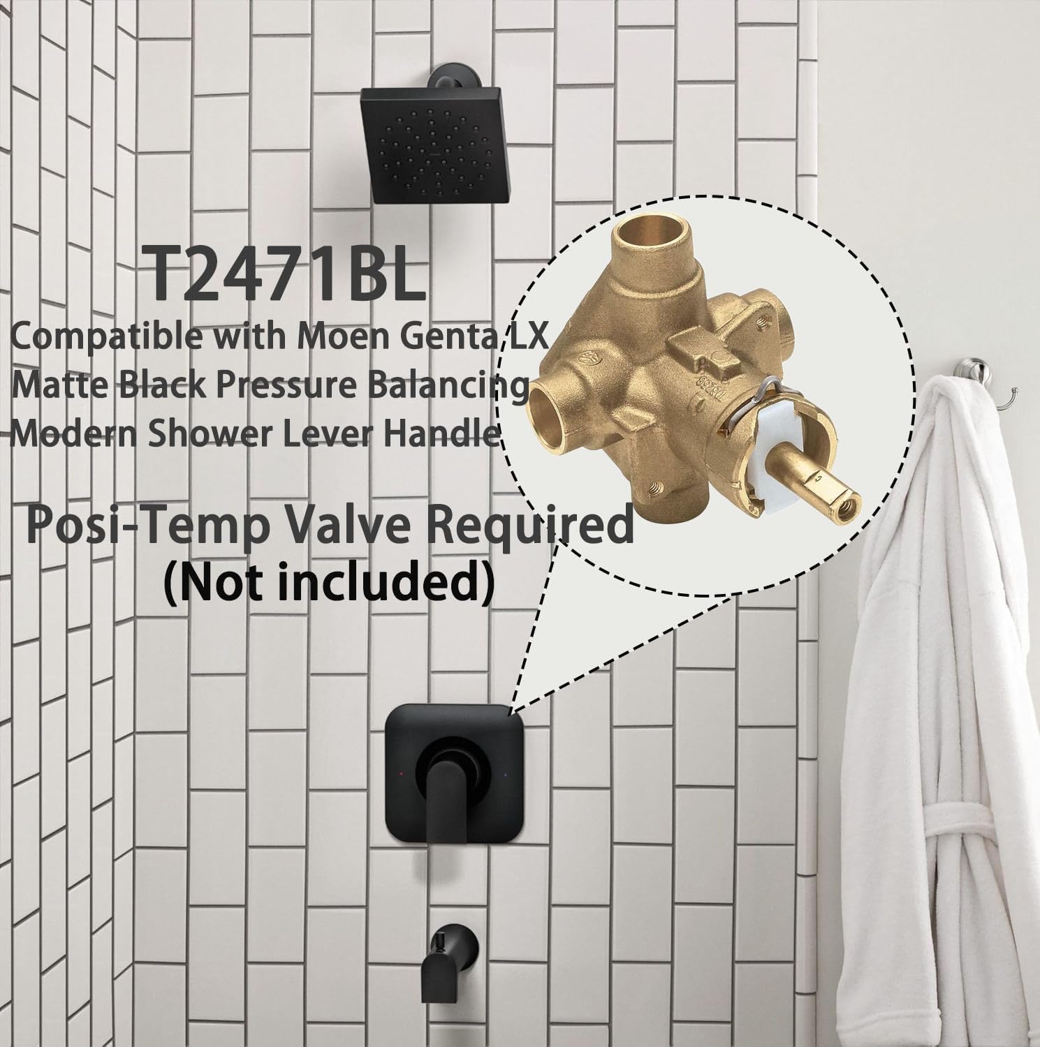 Genta LX Matte Black Pressure Balancing Modern Shower Lever Handle, Replacement for Moen T2471BL Valve Required Matte Black Single Shower Handle Compatible with moen Posi-Temp Valve Trim Kit.