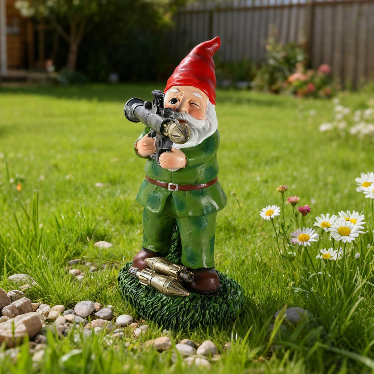 Large Garden Gnome Statue with Guns, Solar Military Army Soldier Guardian Hunter Gnome Garden Decoration Figurine Lights Porch Decor Valentine's Day Men Gift Scale War Combat Guards Patriotic Dwarves - Image 6