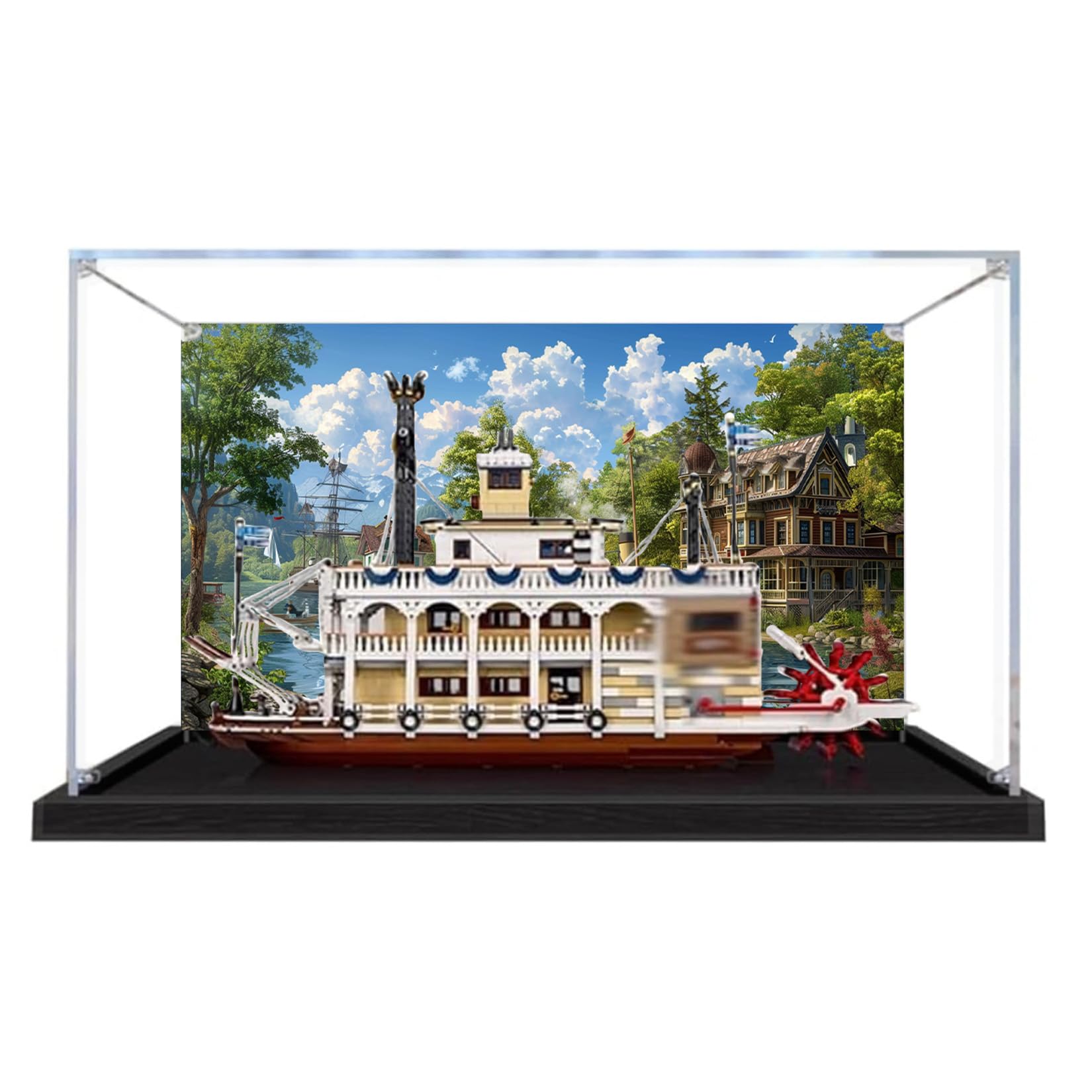 Acrylic 3mm Display Box for Lego 21356 Canal Steamer Model, Transparent Dustproof Display Box, Compatible with Lego 21356 Model (Model Not Included) (Black Base+Background B)
