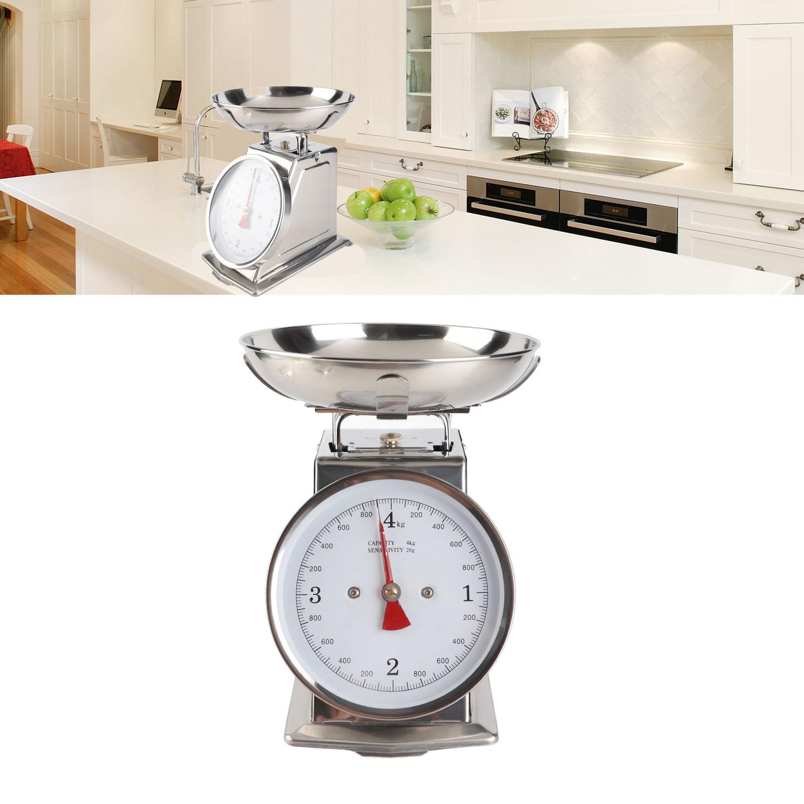 Küchenwaage Mechanisch Rostfrei Edelstahl Mechanische Küchenwaage Mit Abnehmbarer Schüssel – 2 Kg Kapazität, 304 Edelstahl, Präzises Zeiger-Zifferblatt, Kompakt, Spülmaschinenfest, Ideal Für Backen & Kochen