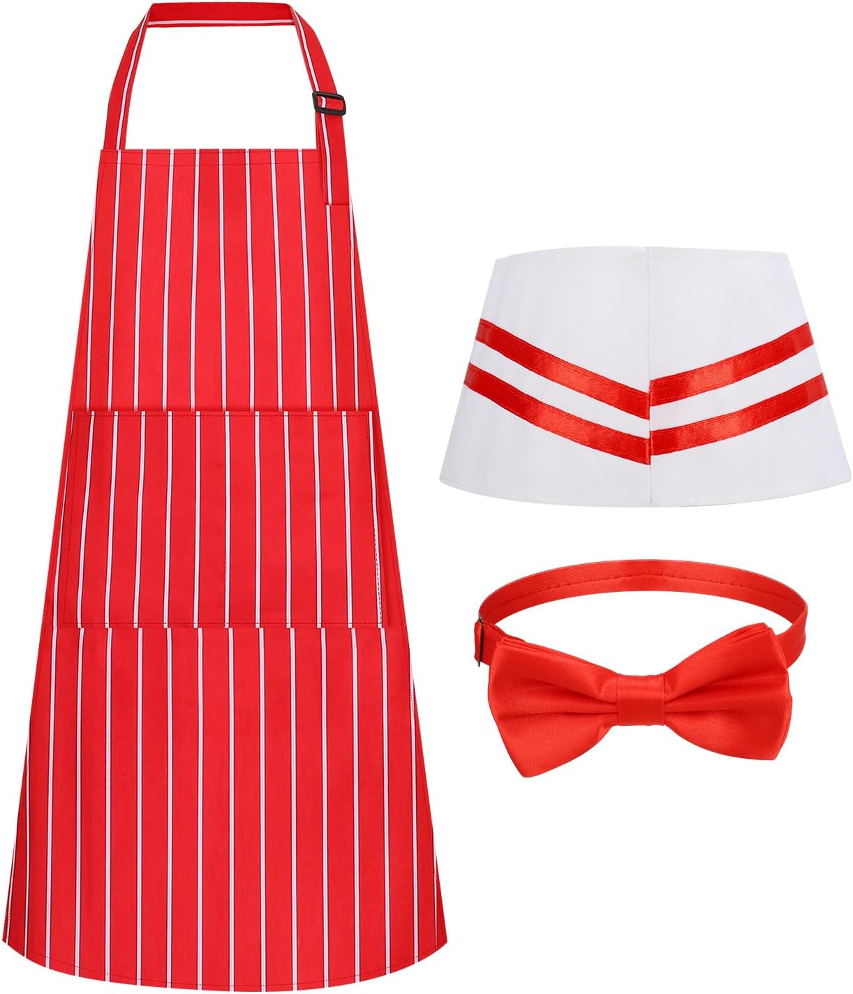 1950s Waiter Costume Kit, Soda Jerk Costume Kit, Red and White Striped Apron with 2 Pockets, Chef Hat Red Bow Ties Adjustable for Adult Costume Cosplay Party (70x80cm)