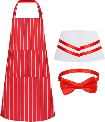 1950s Waiter Costume Kit, Soda Jerk Costume Kit, Red and White Striped Apron with 2 Pockets, Chef Hat Red Bow Ties Adjustable for Adult Costume Cosplay Party 70x80cm