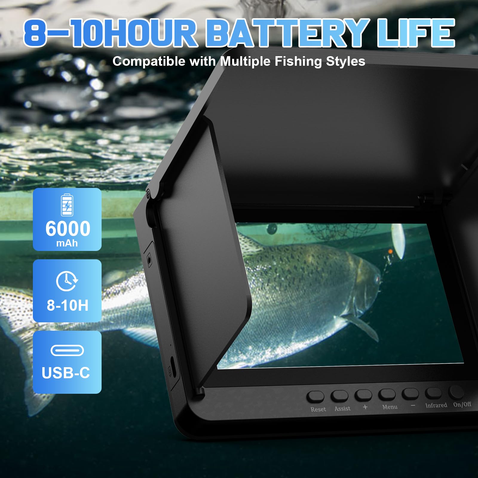 Buscador de peces IPS de 5 pulgadas para barco con 6000 mAh, cámara de pesca subacuática 1080 HD, gran angular de 220°, impermeable IP68, cámara de pesca en hielo de 30 m con 8 LED IR de alto brillo