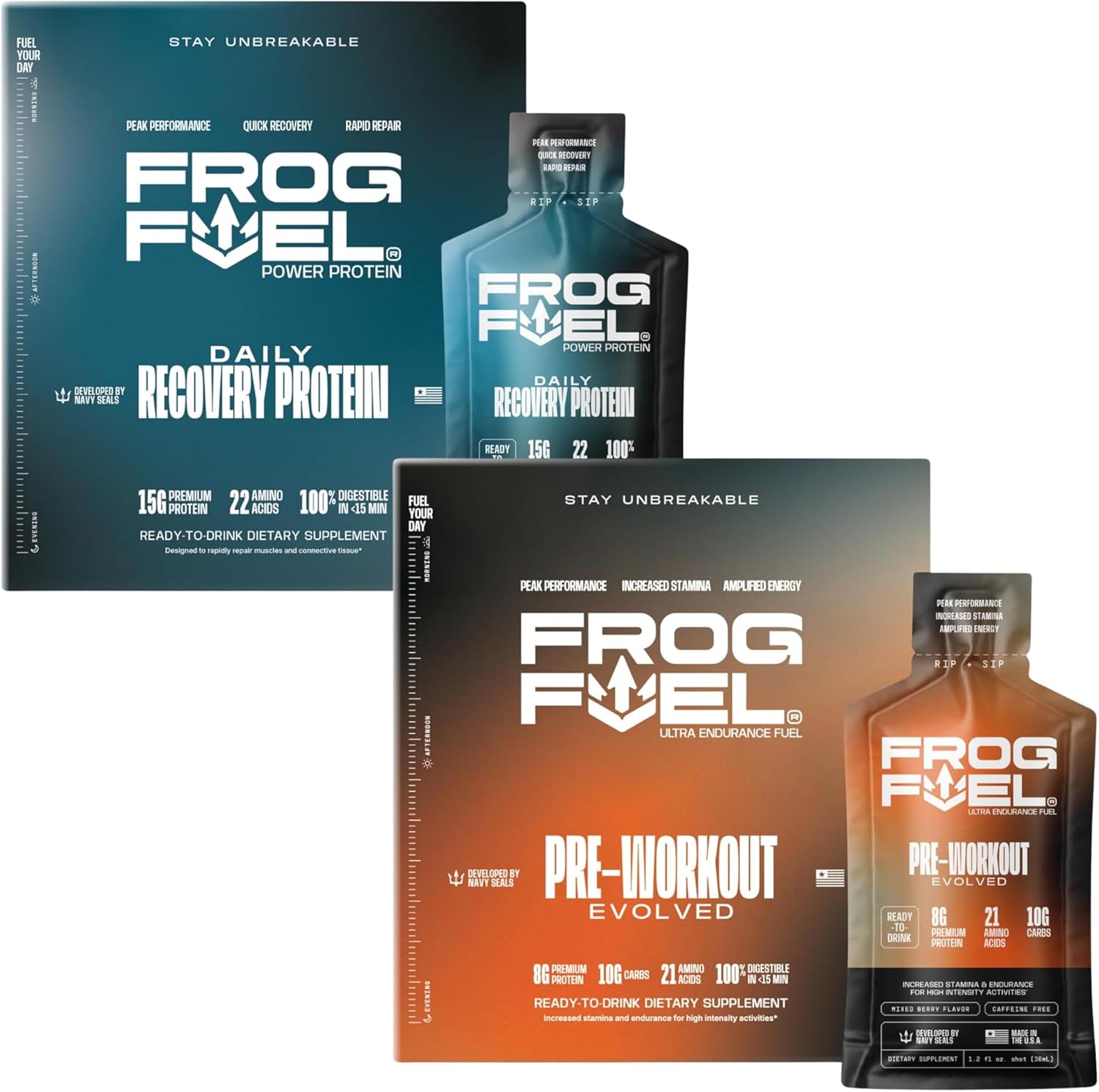 Frog Fuel Power Regular Protein & Ultra Pre Workout Shot Bundle, 1500mg Beta Alanine, 15g Nano-Hydrolyzed Grass Fed Collagen, Pre & Post Workout, 1.2 oz Packets, 48 Pack