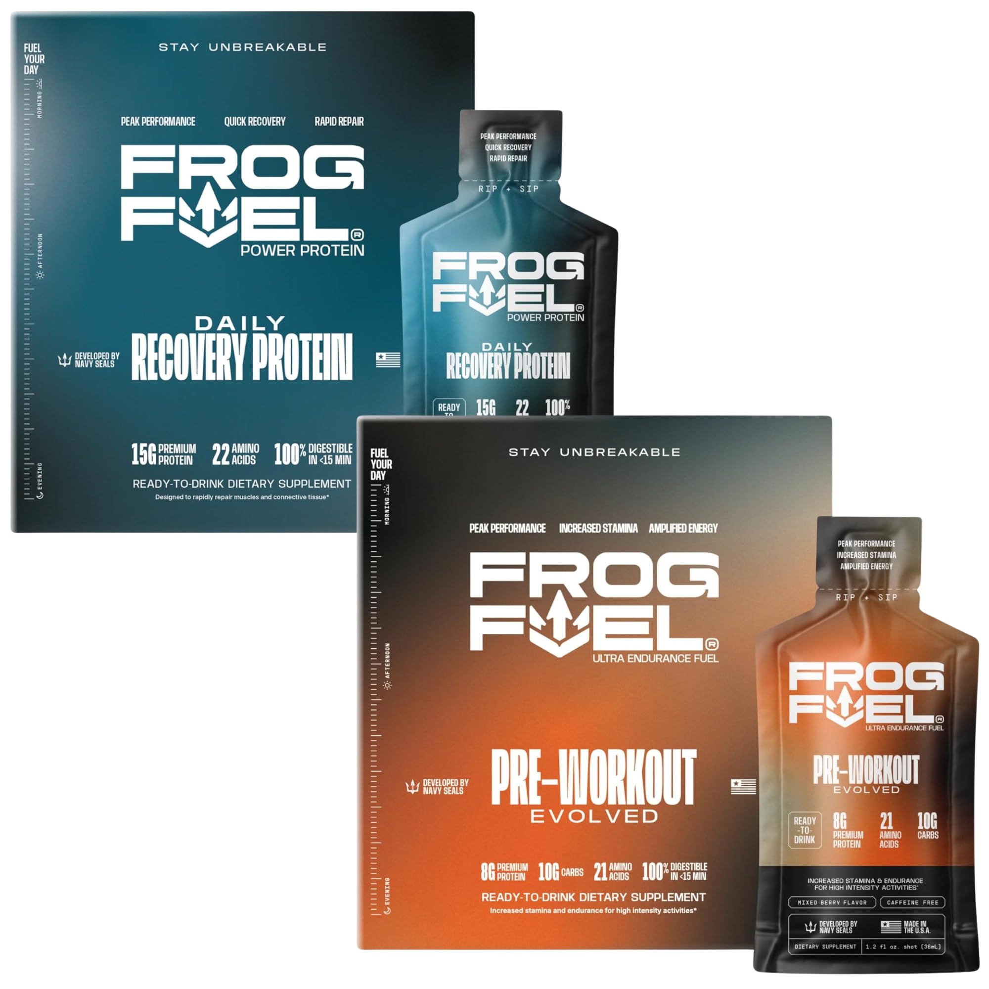 Frog Fuel Power Protein & Ultra Pre Workout Shot Bundle, Berry, 48 pk