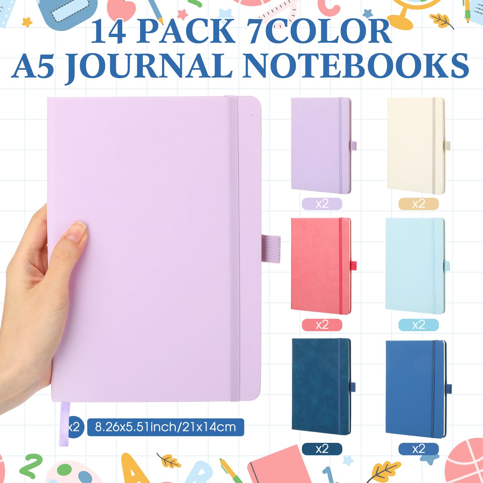 Laumoi Paquete de 14 cuadernos rayados de 5.5 x 8.2 pulgadas, cuaderno de tapa dura A5, bloc de notas con rayas universitarias con soporte para bolígrafo, diarios rayados de piel sintética para
