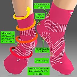 TechWare Pro Ankle Compression Socks - Plantar Fasciitis Sock & Foot Support (L, Pink/White)