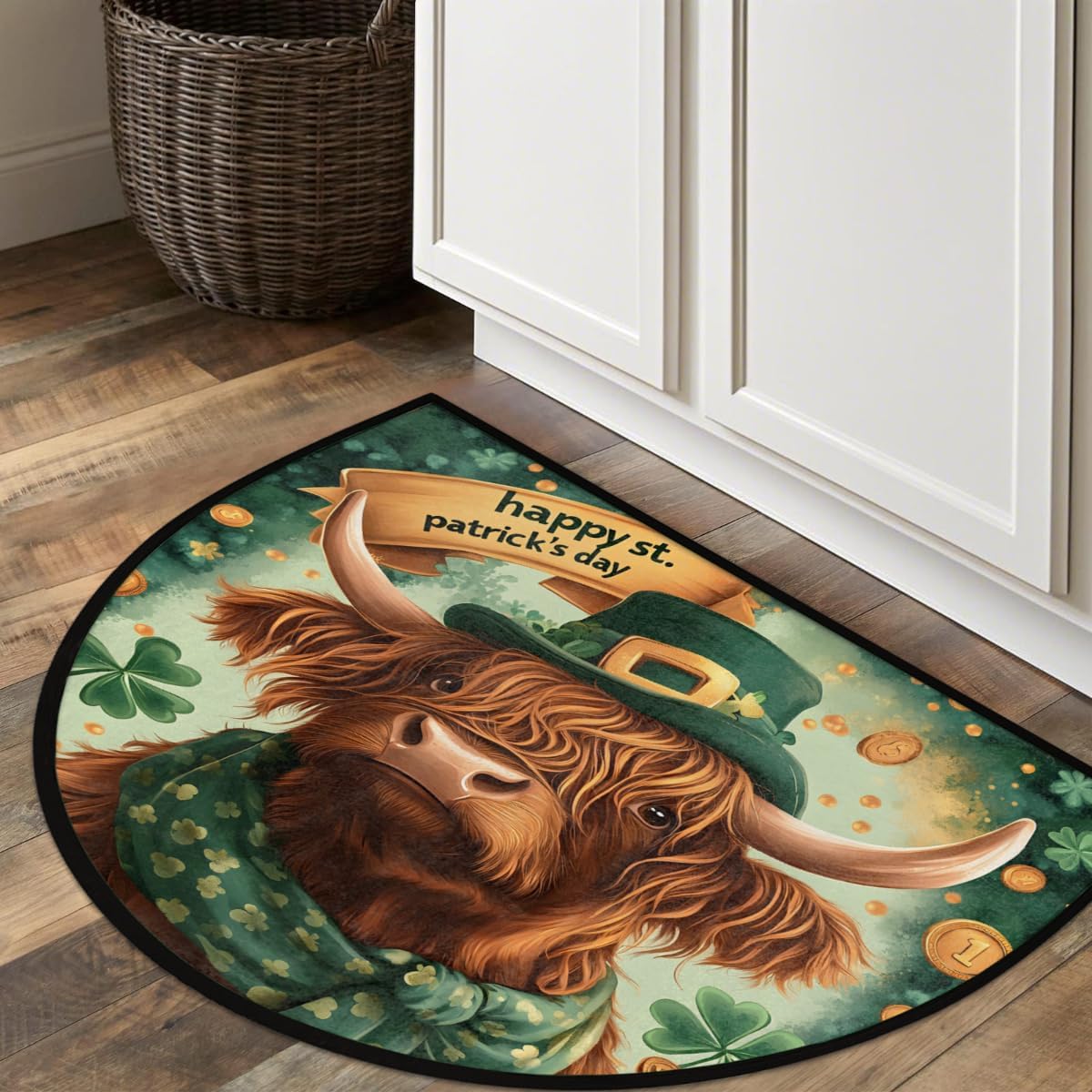 Front Door Mat Indoor Outdoor Entrance, St. Patrick's Day Highland Cow Half Round Door Mat Absorbent Non-Slip Backing Welcome Doormat Entryway Floor Mats for Kitchen Fireplace 36" x 24"