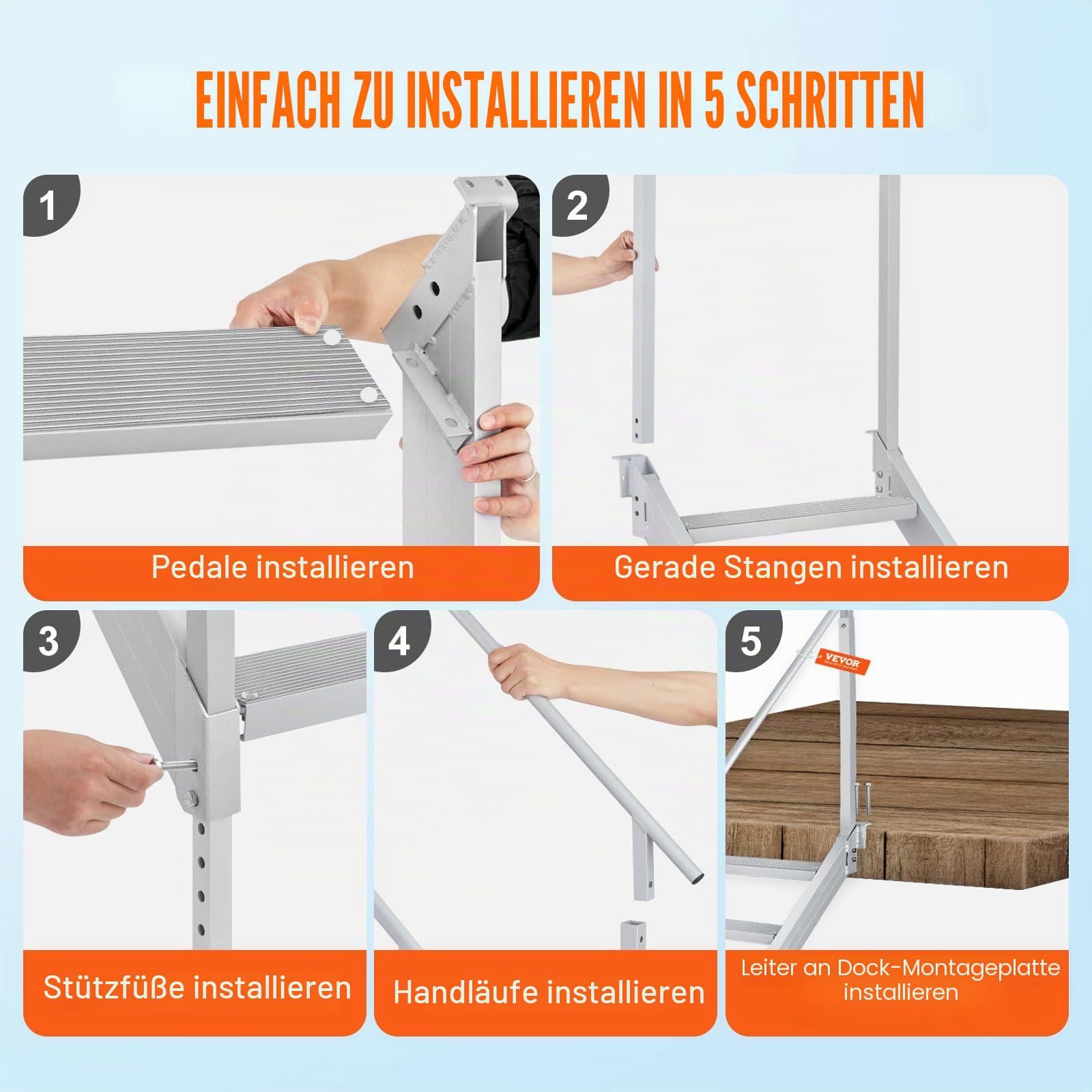 VEVOR 6-stufige Badeleiter mit Zwei Handläufen Bootsleiter 800x1850x2092mm Poolleiter aus Aluminiumlegierung Treppenleiter 250kg Tragfähigkeit 10cm Pedale Ideal für Häfen Boot Schwimmbäder