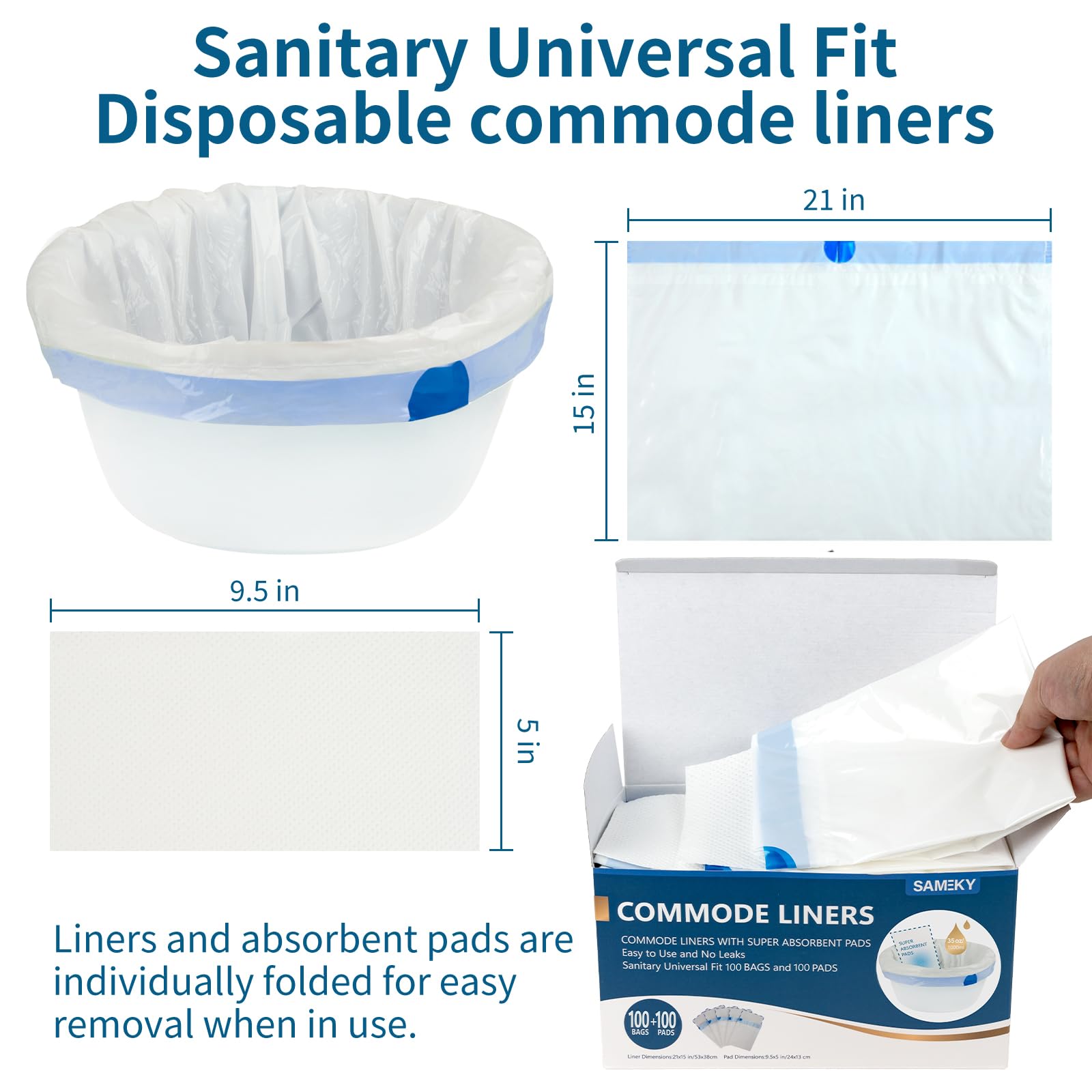 Toiletteneinlagen mit saugfähigen Pads, 100 Beutel + 100 Pads für Nachttisch, WC, Stuhl, Eimer, universelle Passform, Nachttisch-WC-Einlagen und Pads (100 Beutel + 100 Pads)