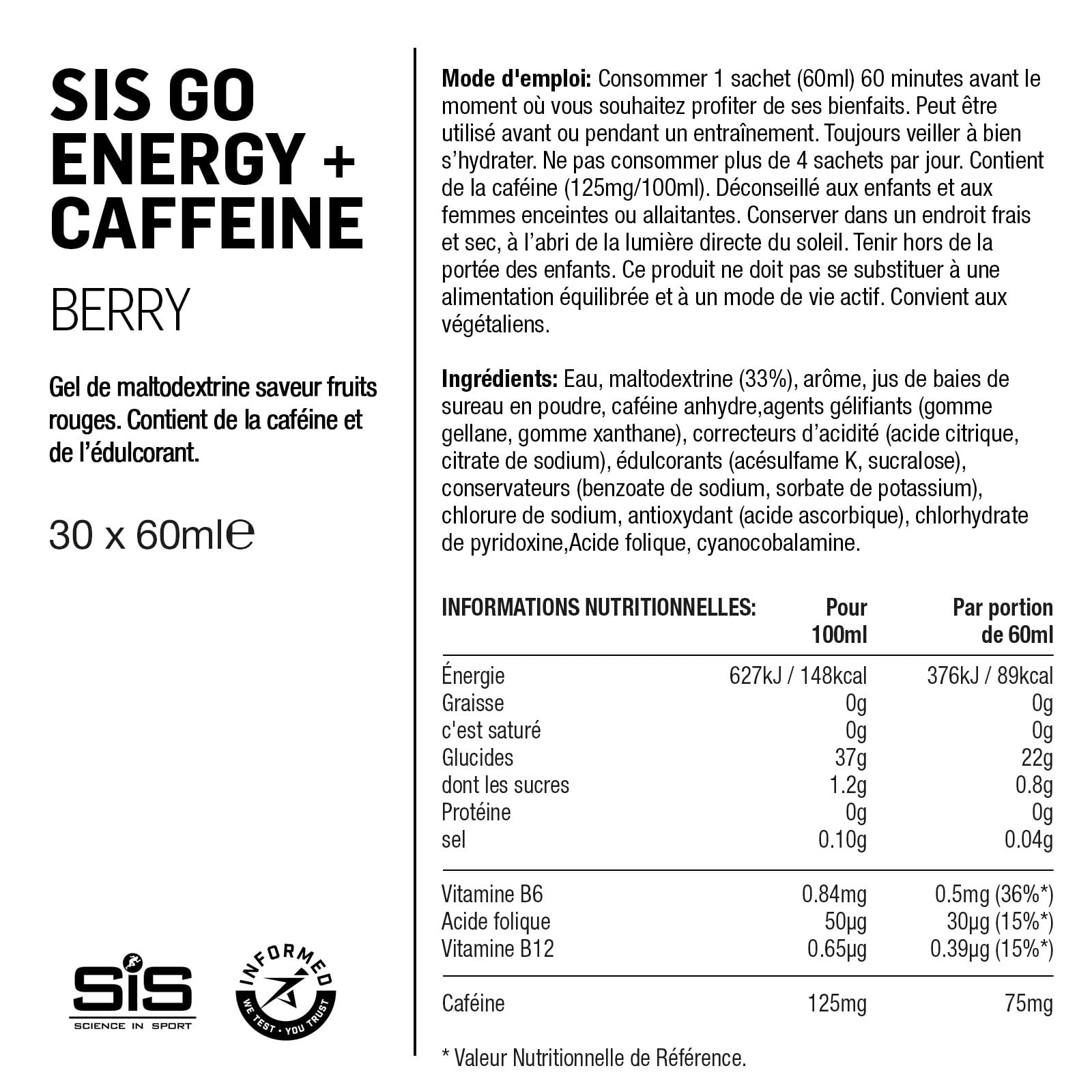 Science in Sport GO Energy Gel + Caféine Gel 30 x 60ml Fruits rouges, Vegan - Gel avec 75mg de caféine & 22g de glucides, énergie pour sportifs d’endurance