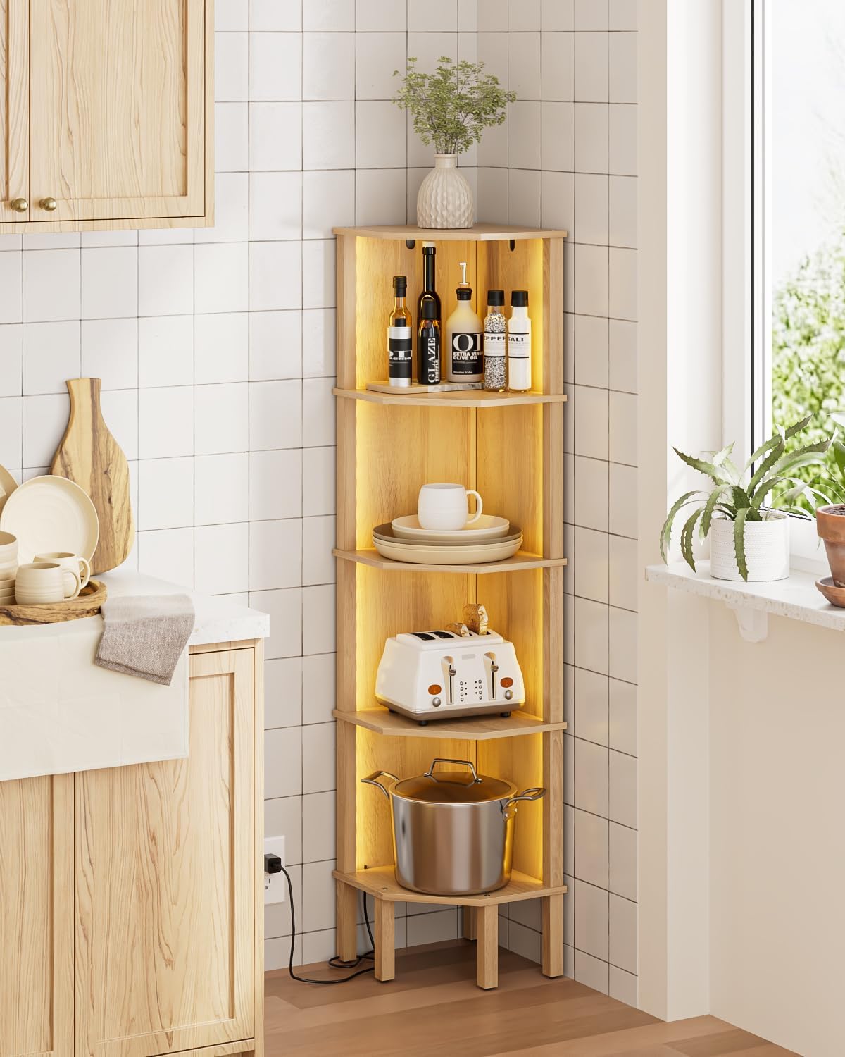 Corner Shelf Stand, 5 Tier Corner Bookshelf with Light,Corner Furniture for Bedroom Display Corner Shelf for Small Space,Wood Shelves with Storage Rack for Living Room,Office,Oak