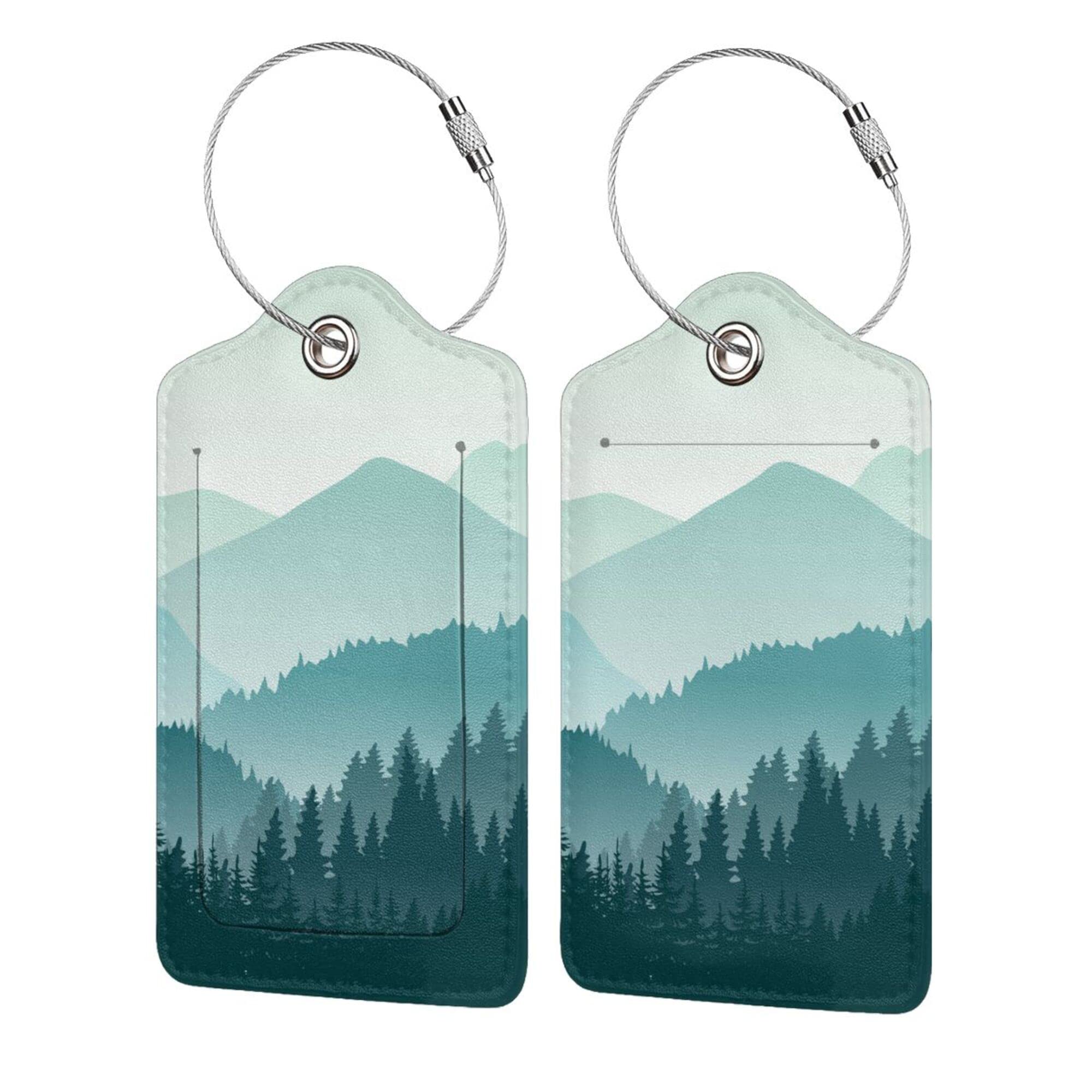 BLOCIT Luggage Tags - 2-Pack PU Leather with Privacy Cover & Stainless Steel Loop - ID Labels for Suitcases & Travel Bags - Green Mountain