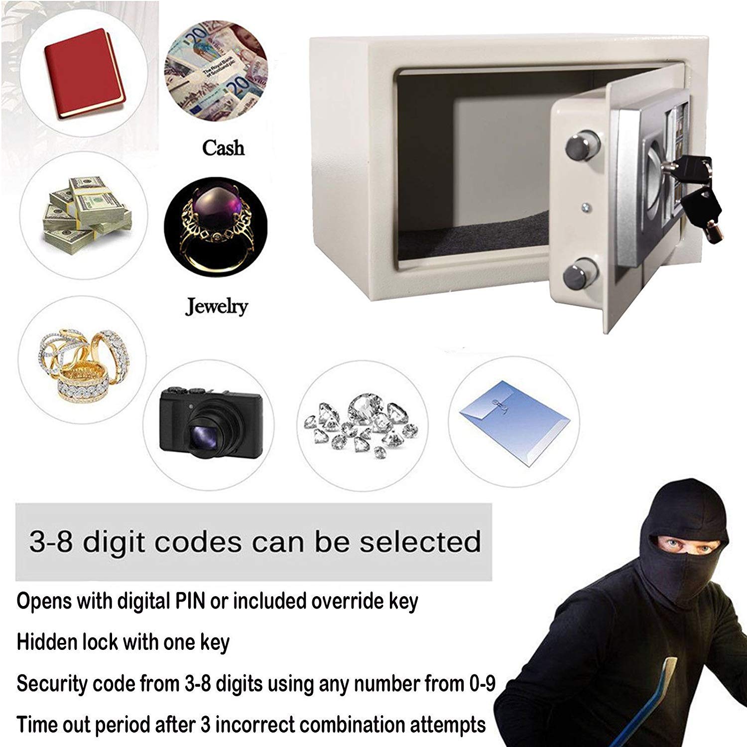 Caja De Seguridad Digital con Teclado Electrónico Y 2 Llaves De Emergencia, De Acero, para Pared O Suelo, para Casa O Oficina, Color Blanco, 8,5 litros