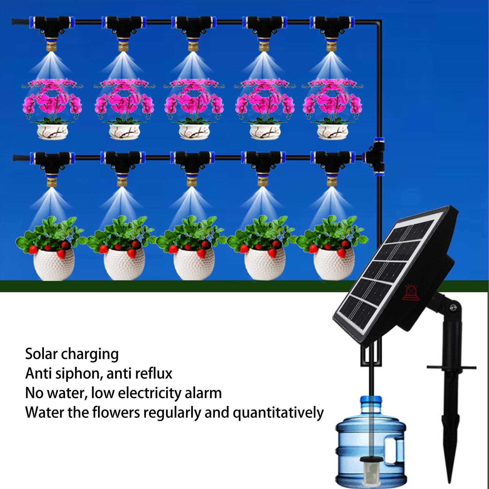Kit de de riego por aspersión alimentado por energía solar, automático de riego con temporizador impermeable IP67, kit de riego automático solar para invernadero,