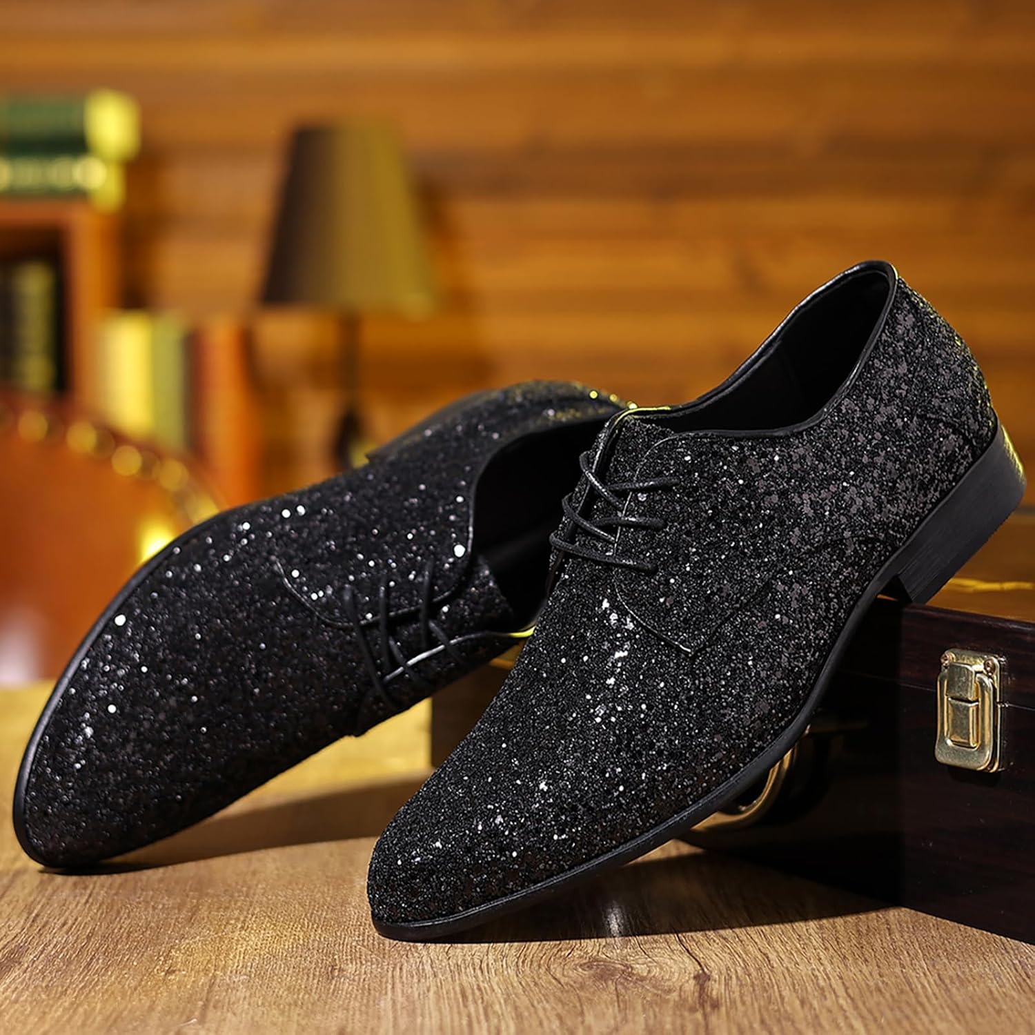 Men's Sequined Pointed Toe Oxford Shoes Fashion Glitter Sparkly Lace Up Low Block Heel Tuxedo Dress Shoes for Party Prom Wedding - Image 5