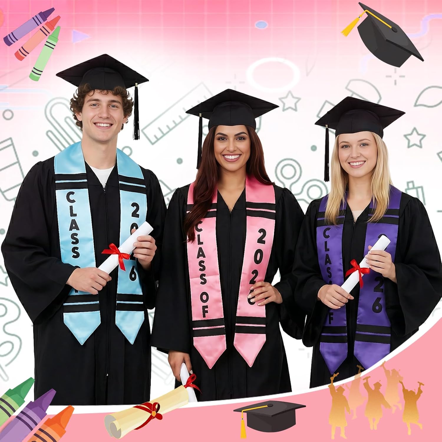 JATEBI 6 Pcs Graduation Stole Class of 2026 Crayon Graduation Satin Sash 72" Grad Honor Sash Gifts for College Teacher Student Men Women