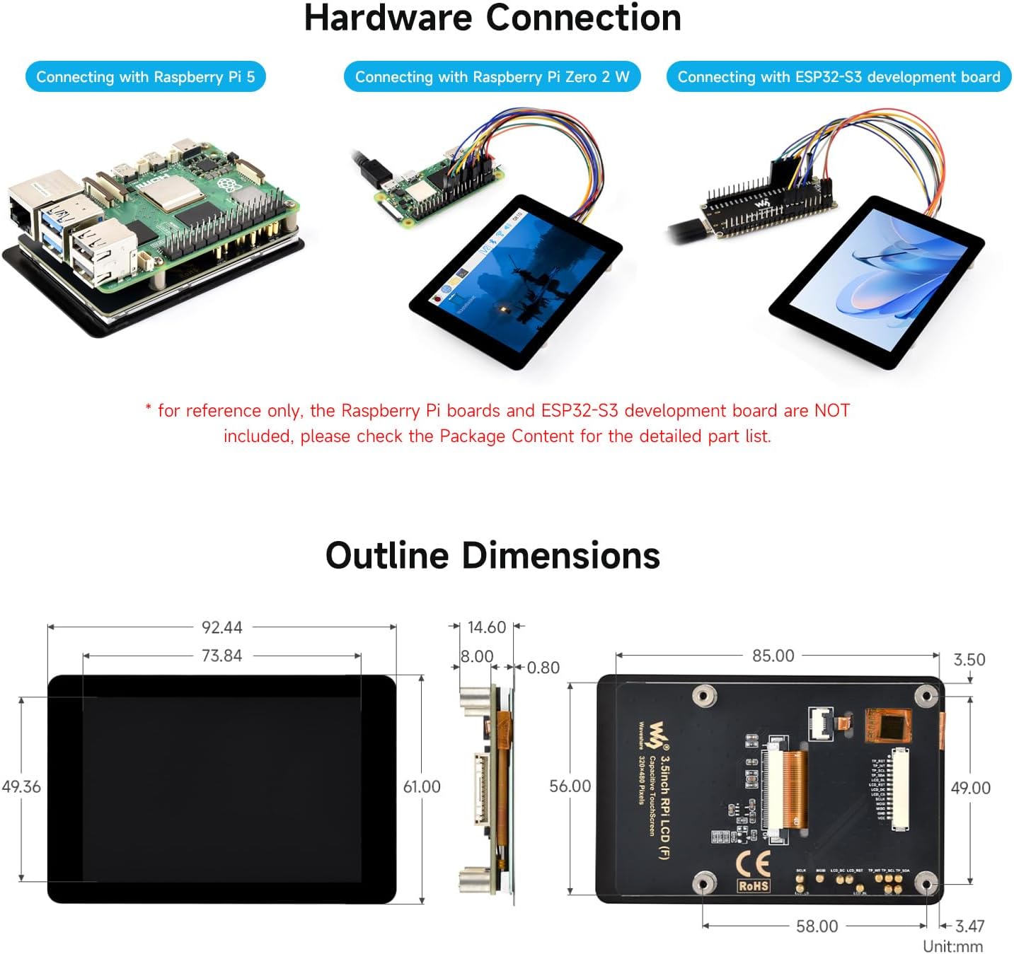 Waveshare 3.5inch Capacitive Touch Display, Compatible with Raspberry Pi 5/4B/3B, Pi Pico, IPS Panel, 320×480, 5-Point Touch, Immersion Gold Process, Toughened Glass Panel