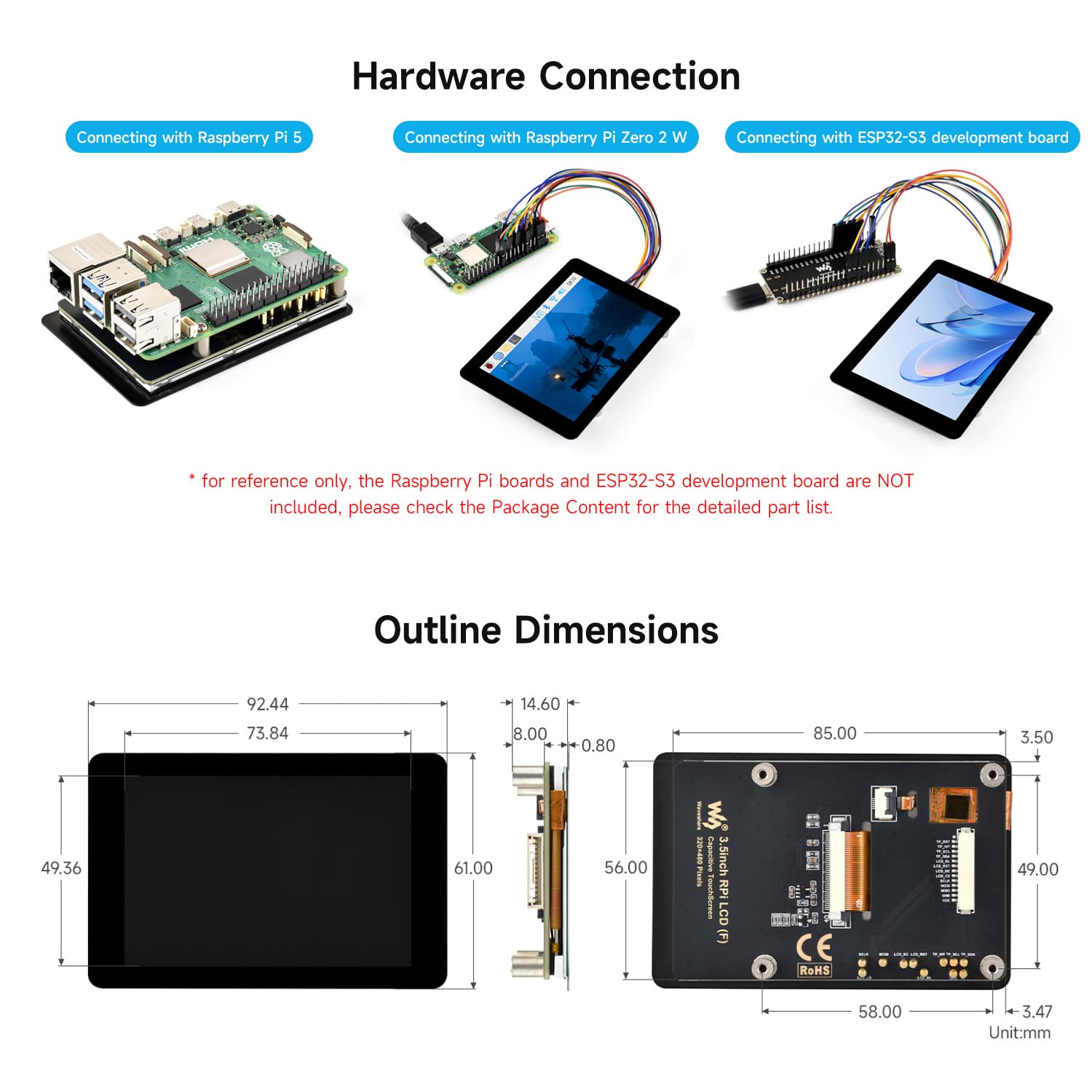 Waveshare 3.5inch Capacitive Touch Display (F) For Raspberry Pi, IPS Panel, 320x480 Resolution, 5-Point Touch, Immersion Gold Process, Toughened Glass Panel
