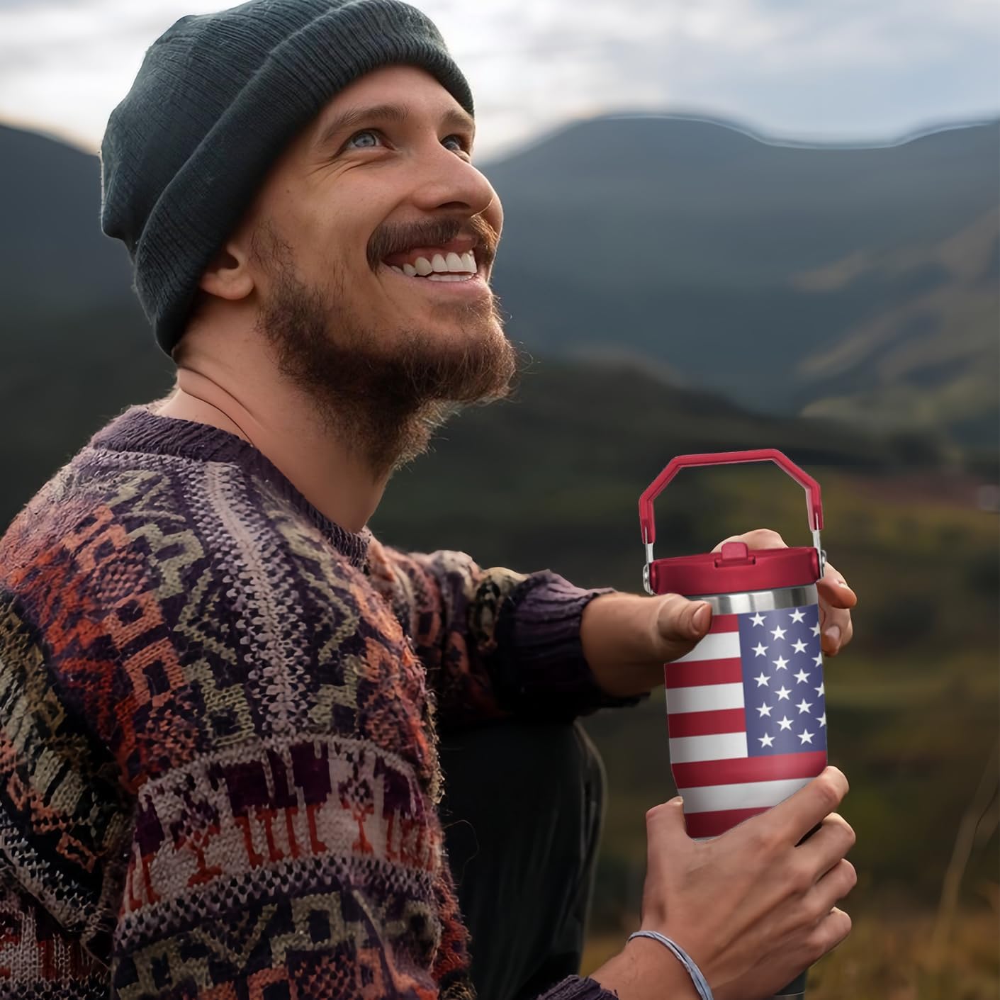 30 oz American Flag 4th of July Tumbler with Handle and Flip Straw, Gifts For Memorial Day Veterans day Independence day, Patriots Coffee Mug Water Bottle, Labor Day Stainless Steel Insulated Cup