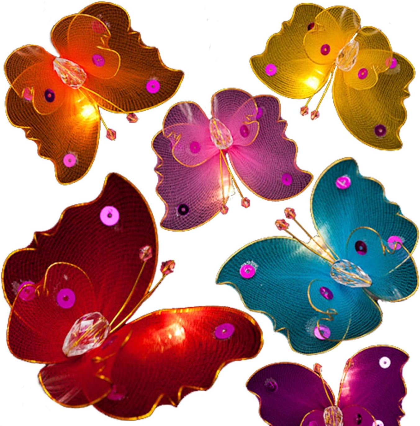 Blaze On Magical Butterfly Fairy Lights (Rainbow Colours), 20 Warm White LED Lights, Handmade Sheer Fabric & Sequins